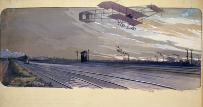 Begin van de luchtvaart: Louis Paulhan (1884-1963) vliegt over een spoorlijn tijdens de 300 km lange race Londen/Manchester op 27 en 28 april 1910 door Unbekannt