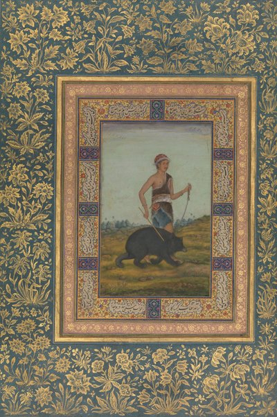 Derwisj die een beer leidt, Folio uit het Shah Jahan Album, recto door Unbekannt