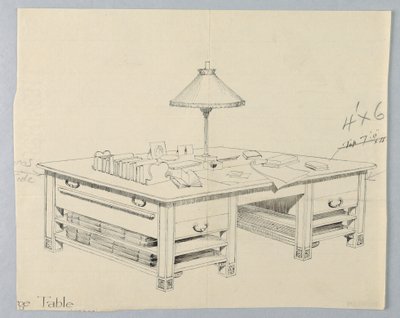 Ontwerp voor Massieve Bibliotheek Opslagtafel met Twee Open Plankrekken aan Beide Zijden, 1900–05 door Unbekannt
