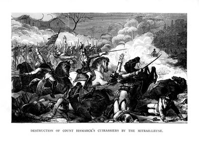 Vernietiging van de Cuirassiers van Graaf Bismarck door de Mitrailleuse, ca. 1870, 1875 door Unbekannt