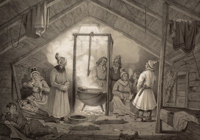 Het interieur van een boerderijhut in Finmarken. Illustratie uit het boek Noorwegen voorgesteld in tekeningen van Asbjørnsen, P.Chr. en uitgegeven door Chr. Tønsberg (no, 1848) door Unbekannt