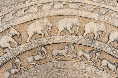 Detail; historisch stenen reliëf; maansteen met dierlijke voorstellingen; olifanten; paarden; steen op een trap; Raadzaal van koning Parakrama Bahu I; binnenstad; Polonnaruwa; Sri Lanka; Azië door Unbekannt