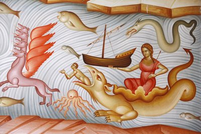 Detail van een fresco in de Grieks-orthodoxe kerk van Kafarnaüm, Kafarnaüm, Israël door Unbekannt