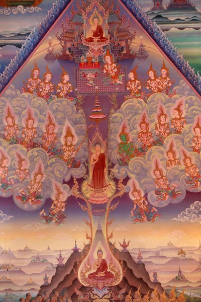 Detail van een muurschildering in de Uposatha (heiligdom) van de Buddhapadipa-tempel, Wimbledon, Groot-Brittannië door Unbekannt