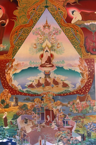 Detail van een muurschildering in de Uposatha (heiligdom) van de Buddhapadipa-tempel, Wimbledon, Groot-Brittannië door Unbekannt
