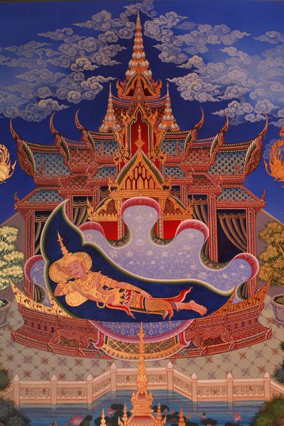 Detail van een muurschildering in de Uposatha (heiligdomzaal) van de Buddhapadipa tempel, Wimbledon, Verenigd Koninkrijk door Unbekannt