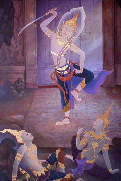 Detail van een muurschildering in de Uposatha (heiligdomzaal) van de Buddhapadipa tempel, Wimbledon, Verenigd Koninkrijk door Unbekannt