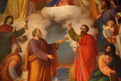 (detail) van een schilderij in Basilica di Maria Ausiliatrice met Sint-Pieter en Sint-Paulus, Turijn, Italië door Unbekannt