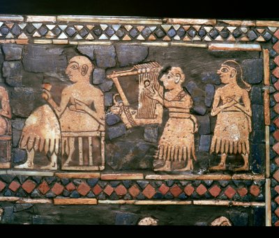 Detail van de standaard van Ur met een Sumerische harpist en een heerser, ca. 2600-2400 v.Chr. door Unbekannt
