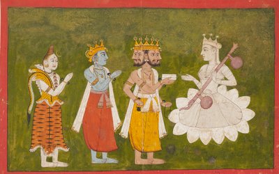 Devi vereerd door Brahma, Vishnu en Shiva, c1710 door Unbekannt