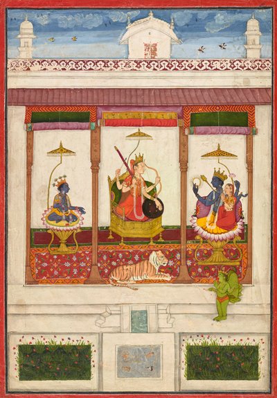 Devi met Krishna en Vishnu in een paleis, ca. 1645-1655 door Unbekannt