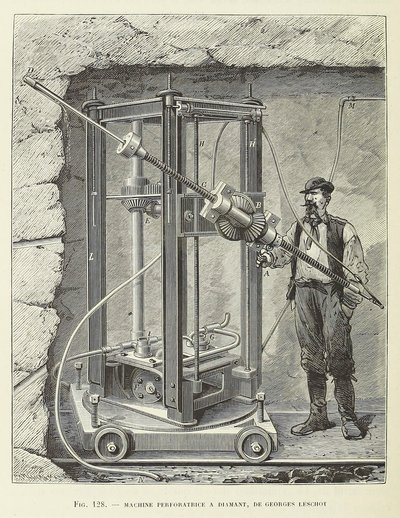 Diamantboormachine ontworpen door Georges Leschot, uitgegeven 1883, gravure, 1883 door Unbekannt