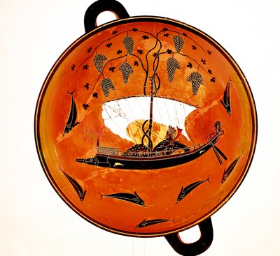 Dionysius in een zeilboot omringd door dolfijnen, Oud-Grieks gerecht Krater, 530 v.Chr. door Unbekannt