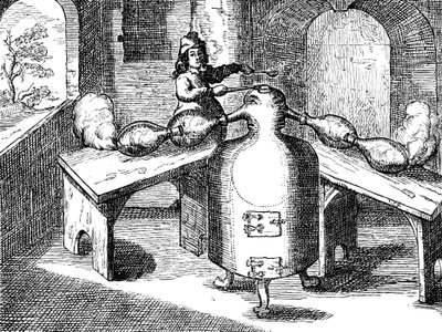 Destillatie van salpeterzuur Aqua fortis of scheidingszuur in een ijzeren man met twee neuzen, 1689 door Unbekannt