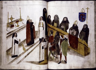Goddelijke dienst volgens de Grieks-orthodoxe ritus uit: Ulrich Richental Kroniek van het Concilie van Konstanz, 1414-1418 door Unbekannt