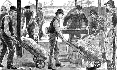 Havenarbeiders lossen suiker bij West India Docks, Londen, 1889 door Unbekannt