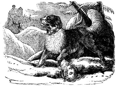 Hond van het Hospice van St. Bernard vindt een reiziger in de sneeuw, c1840 door Unbekannt