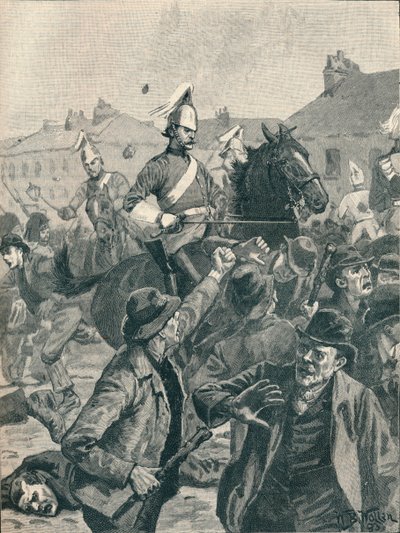 Dragonders en Hooglanders die relschoppers verspreiden in Belfast, 1872 door Unbekannt