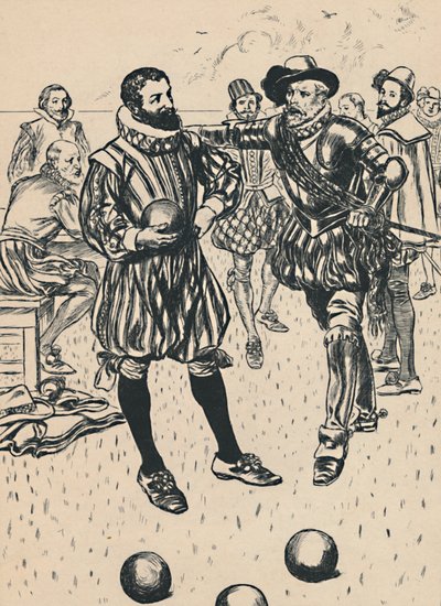Drake wordt verteld dat de Armada nadert, ca. 1907 door Unbekannt