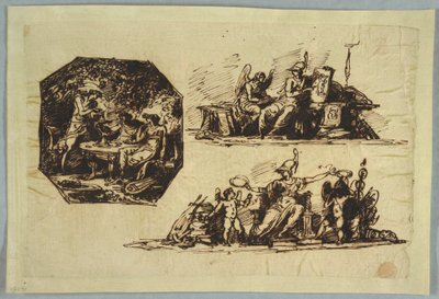 Tekening, Bacchus, Apollo en Mnemosine; Minerva met trofeeën door Unbekannt