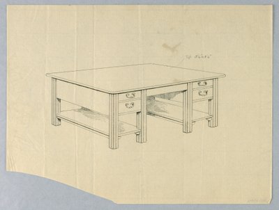 Tekening, Ontwerp voor massieve bibliotheektafel met vierkante gefluteerde poten en open rekken door Unbekannt
