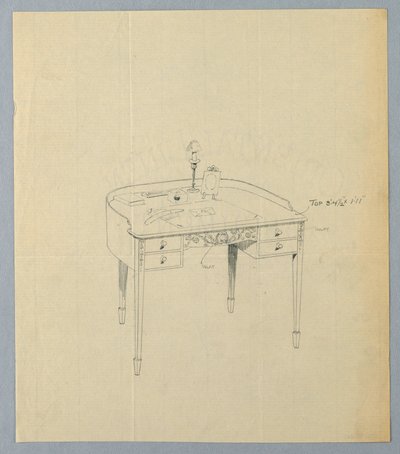 Tekening, Ontwerp voor halfronde schrijftafel met sierlijk gesneden paneel midden voor door Unbekannt