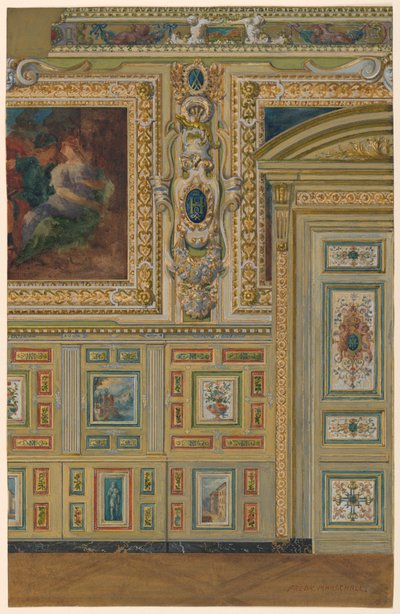 Doorsnede van een muur met groepen geschilderde panelen, Oval Chamber, Salon Louis XIV, Paleis van Fontainebleau, Frankrijk door Unbekannt