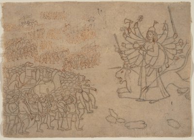 Durga confronteert het leger van de demon Chikshura: Scène uit de Devi Mahatmya, ca. 1780 door Unbekannt