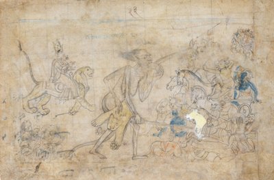 Durga en Kali naderen de verzamelde legers van Chanda en Munda, ca. 1780 door Unbekannt