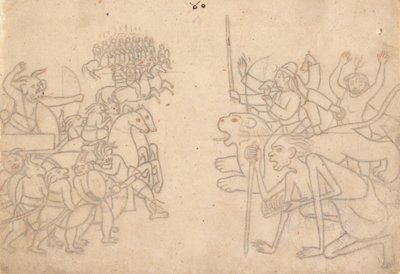 Durga en Kali naderen de verzamelde legers van Chanda en Munda, de Devi Mahatmya, ca. 1780 door Unbekannt