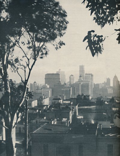 Woningen van eenvoudig hout in de schaduw van betonnen reuzen, ca. 1935 door Unbekannt