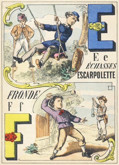 E F: echasses, escarpolette, fronde - Spelletjes Alfabet, ca. 1890 door Unbekannt