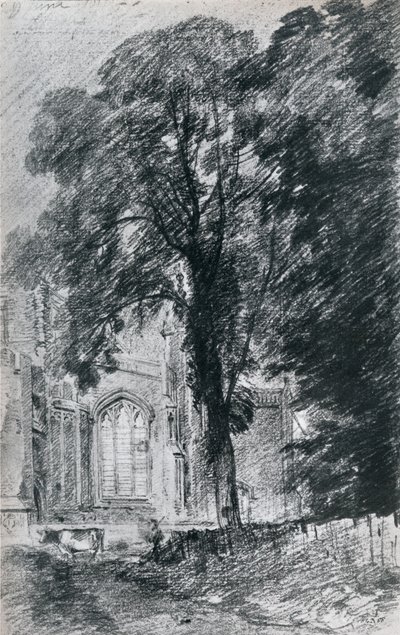 Kerk van East Bergholt: deel van de westkant gezien voorbij een groep iepen, 1812, 1925 door Unbekannt