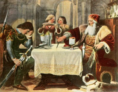 Eberhard snijdt het tafelkleed doormidden tussen hemzelf en zijn zoon Ulrich, 1377, 1936 door Unbekannt
