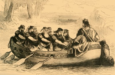 Edgar de Vredelievende wordt geroeid over de rivier Dee door Acht Tributaire Prinsen, ca. 1890 door Unbekannt