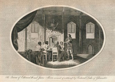 Elizabeth Woodville en Jane Shore beschuldigd door Richard, Hertog van Gloucester door Unbekannt