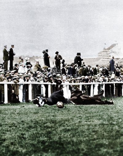 Emily Davison werpt zich voor het paard van de koning tijdens de Derby, Epsom, Surrey door Unbekannt