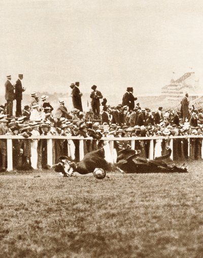 Emily Davison werpt zich voor het paard van de koning tijdens de Derby, Epsom, Surrey door Unbekannt