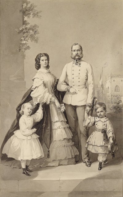 Keizer Franz Joseph I met keizerin Elisabeth en hun kinderen, ca. 1860 door Unbekannt