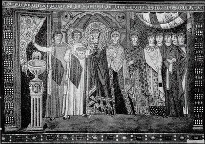 Keizerin Theodora en Leden van Haar Hof, Byzantijns, vroege 20e eeuw, origineel gedateerd 6e eeuw door Unbekannt