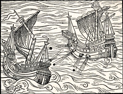 Engagement tussen twee koopvaardijschepen voor de kust van IJsland, 1555 door Unbekannt