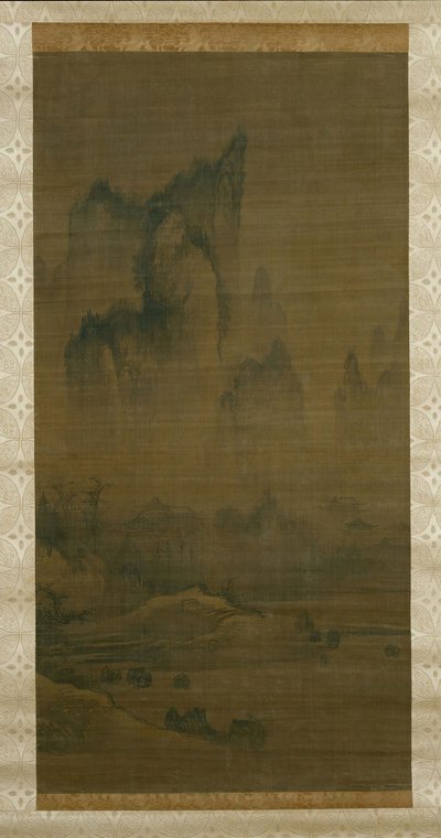 Avondklok van mist-omsloten tempel, Herfstmaan boven het Dongtingmeer rechts, ca. 1450-1500 door Unbekannt