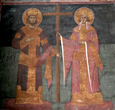 Verheffing van het Kruis. Heiligen Constantijn de Grote en Helena, ca. 1350 door Unbekannt
