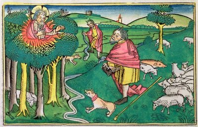 Exodus 3:1-22 en 4:1-4: de brandende struik en God bewapent Mozes met de wonderbaarlijke staf door Unbekannt