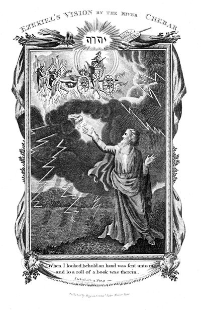 Ezechiëls visioen van een wagen in de lucht en een hand in de wolken die hem een boek aanreikt, 1804 door Unbekannt