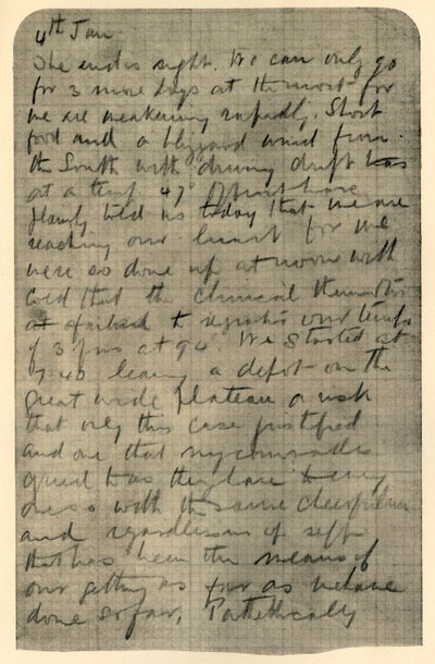 Facsimile van een pagina uit Shackletons dagboek, 4 januari 1909 door Unbekannt