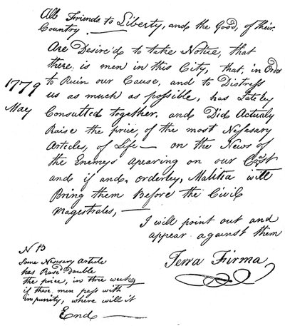 Facsimile van een verklaring over de voedseltekorten in Amerika, 1779 ca. 1880 door Unbekannt