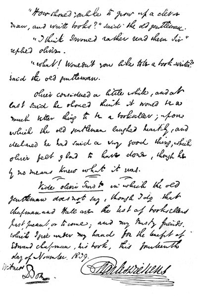 Facsimile van de inscriptie in een exemplaar van The Pickwick Papers, 1839 1912 door Unbekannt