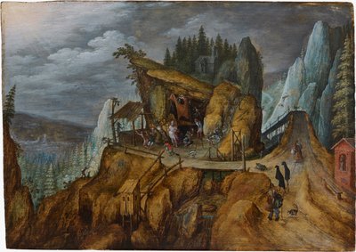 Fantastisch rotslandschap met de Verzoeking van Sint Antonius, 1600 door Unbekannt