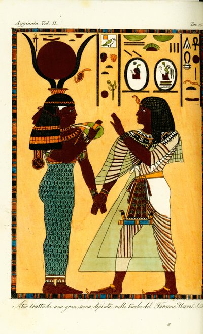 Beeld van de Egyptische godin Hathor met koning Seti I uit zijn graf in Thebe, ontdekt door Giovanni Battista Belzoni door Unbekannt